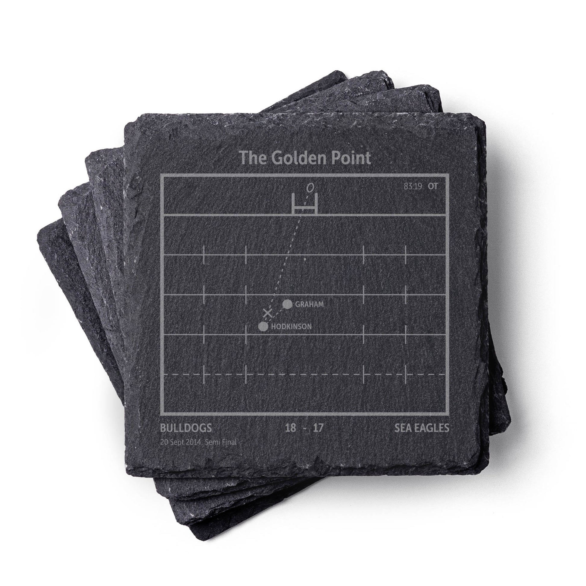 Set of Canterbury Bulldogs NRL slate coasters with playbook  design on a white background