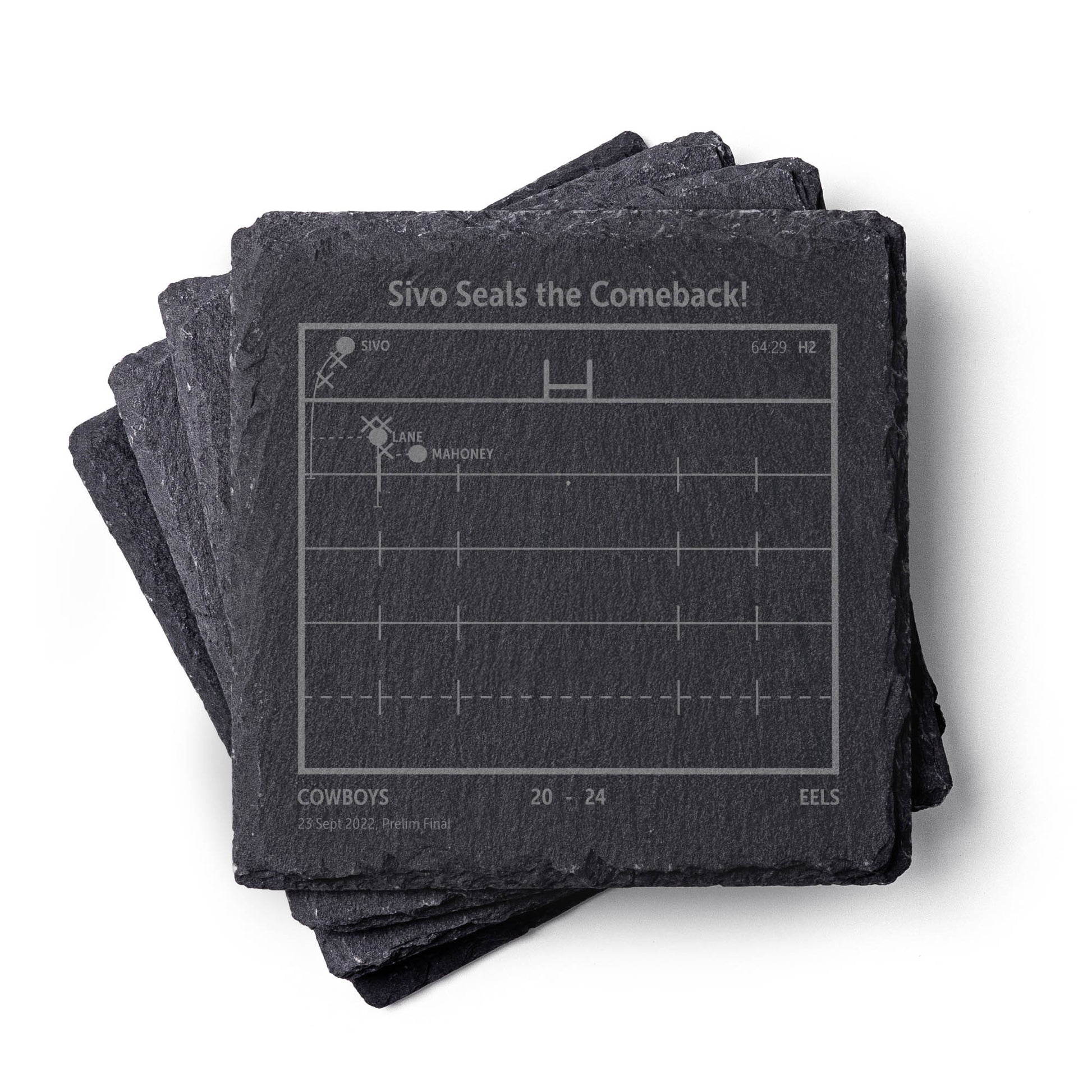 Stack of Parramatta Eels NRL slate coasters with sports-themed design on a white background