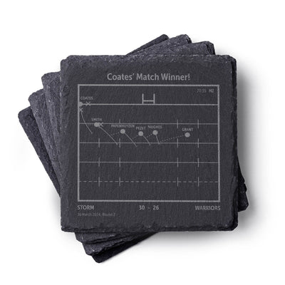 Set of Melbourne Storm NRL slate coasters with playbook  design on a white background